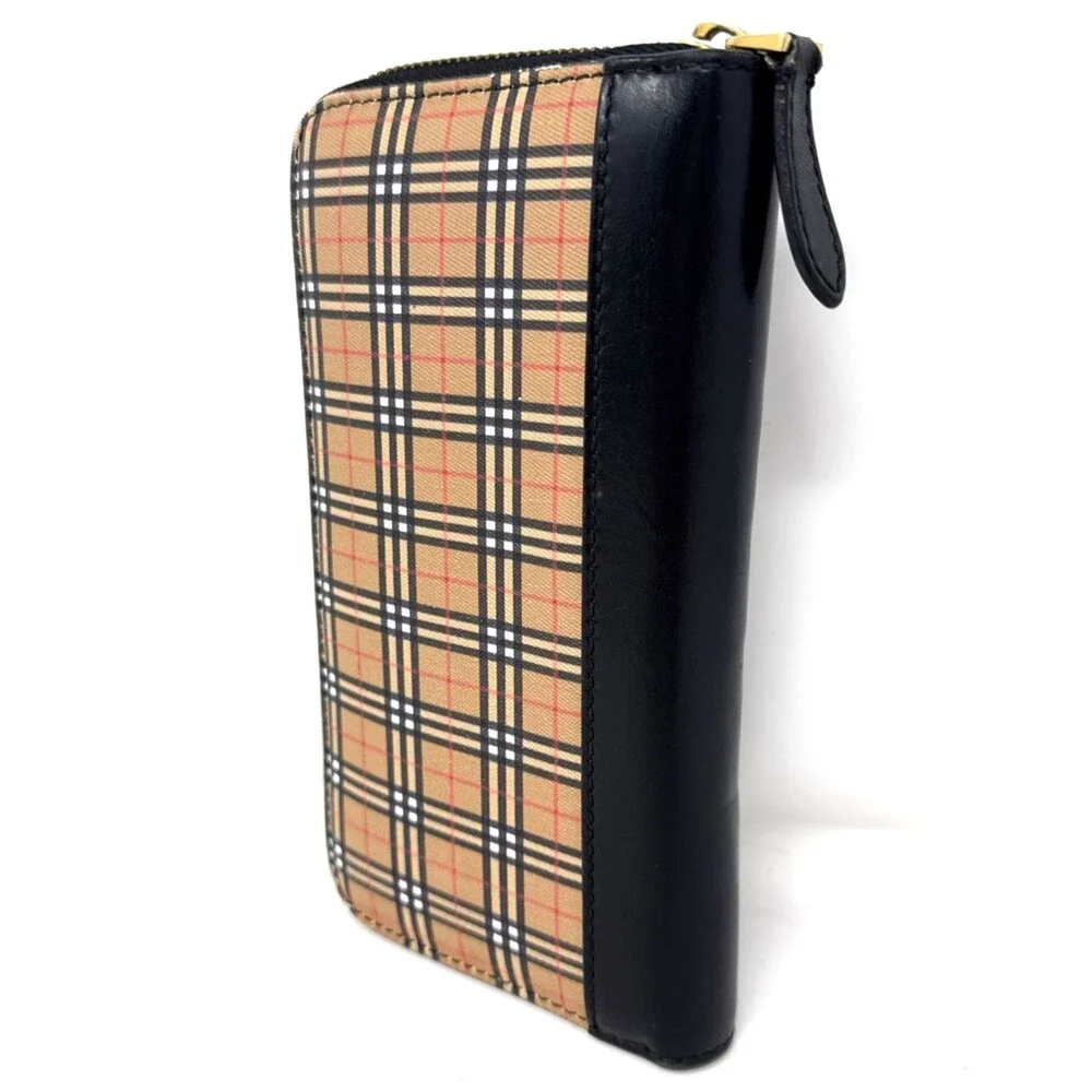VTG Burberry Zip Around Wallet Clutch Black Leather House Check Canvas Preppy